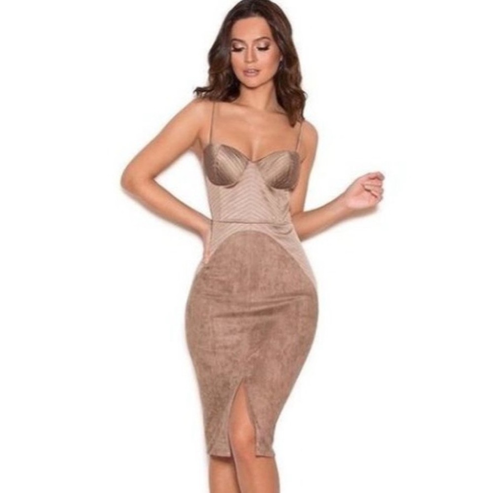 House of CB Andreia Satin & Suedette Bodycon Dress in Taupe. Size medium.